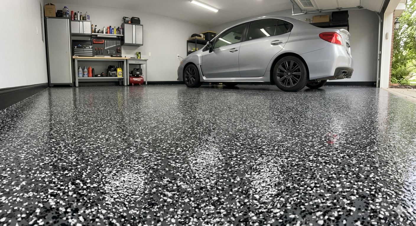 Glossy black and white flake epoxy garage floor with silver car — premium residential coating by Suncoast Floor Coatings Tampa Bay