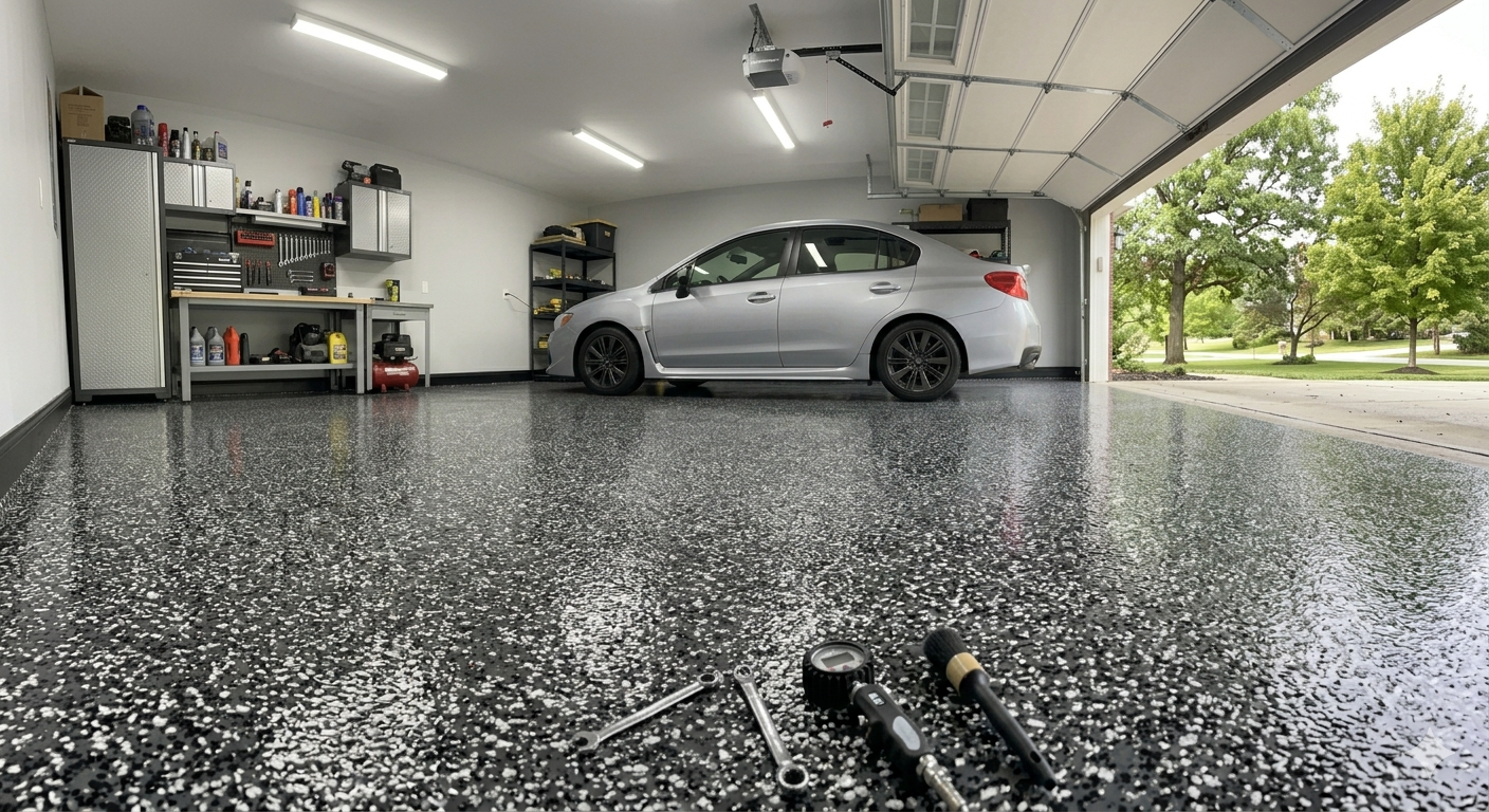 Residential garage with glossy dark flake epoxy coating and workbench