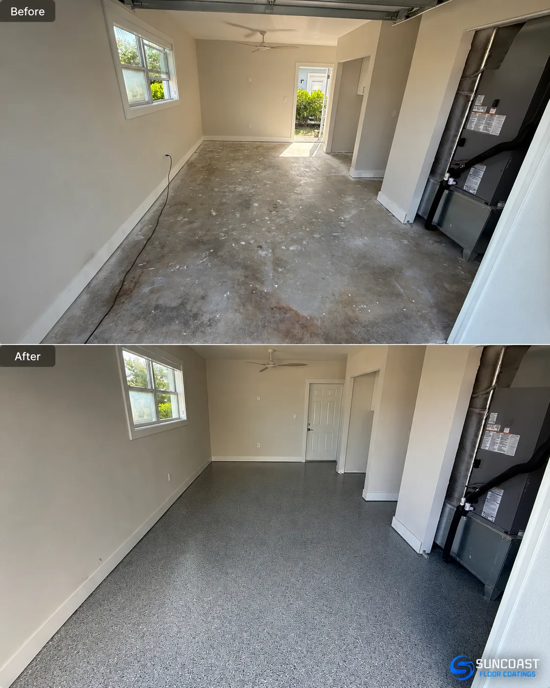 Before and after: stained bare concrete garage floor transformed with gray full-flake coating, Pinellas County FL