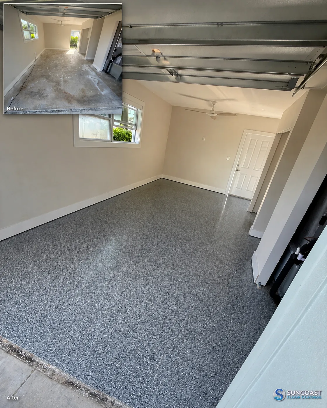 Garage floor coating before and after comparison showing full-flake broadcast finish, Tampa Bay area
